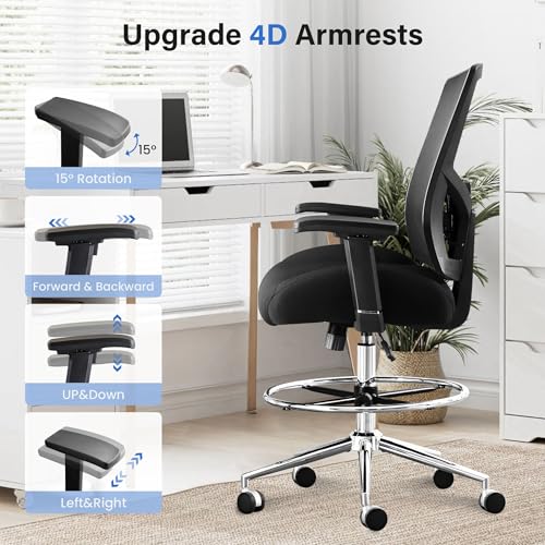 500 lbs Drafting Chair Tall Office Chair for Standing Desk, Ergonomic Office Drafting Chair with Adjustable Lumbar Support, 21" Extra Wide Cushion, Footrest & Pressure Locking Casters, 4D Arms, Black