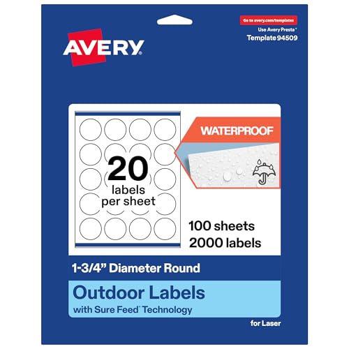 Avery Outdoor Waterproof Round Labels with Sure Feed Technology, 1.75" Diameter, White Film, Print-to-the-Edge, Compatible with Laser Printers, 2000 Labels Total