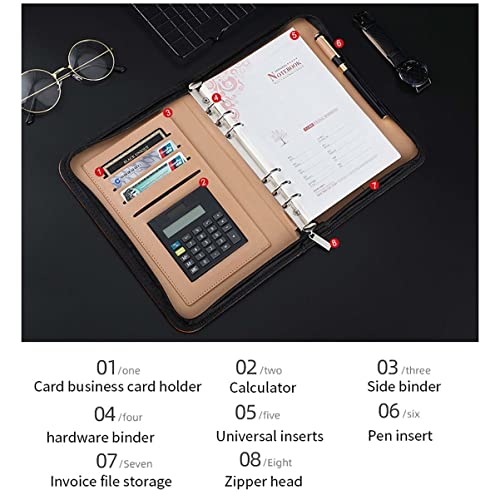 Portfolio Organizer, Document Folio,Leather Binder, A5 PU Faux Conference Folder Business Office Work Organiser Padfolio with Calculator 6 Ring Clipboard Box