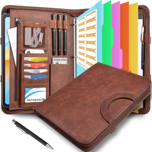 NATISERAUM Padfolio Portfolio Binder with Handle, 3-Ring Folder Organizer, Vegan Leather Portfolio with Notepad Includes 5 Dividers with 10 Pockets for Documents Filesfor Documents Files and 1 Pen