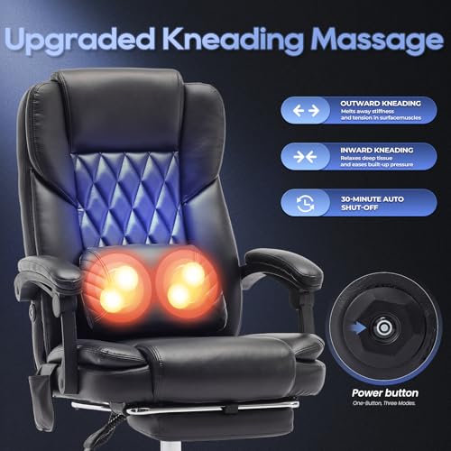 Massage Office Chair with Footrest, High Back Executive Chair, Ergonomic Desk Chair with Removable Pillow, 2 Lumbar Massage Points, Reclining, Leather Computer Chair, Black, Set of 2