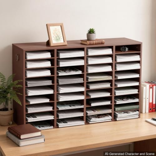 VEVOR Wood Literature Organizer 36 Compartments Office Mailboxes Brown | Countertop Literature Sorter for Files Documents Papers, with Adjustable Shelves, for Office, Home, Classroom Organization