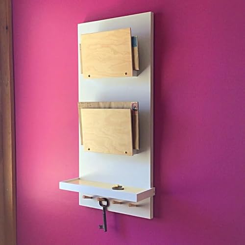 GHCUHJ Modern Wall Mounted Mail Organizer with Key Hook, White and Natural Wood Letter Holder, Vertical Hanging Storage Rack for Entryway Hallway Kitchen Office, 2-Tier Envelope Sorter with Shelf