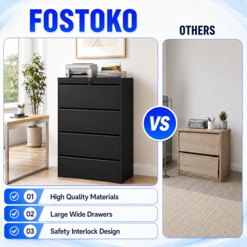 FOSTOKO 4 Drawer File Cabinet with Lock, Metal File Cabinet, Black