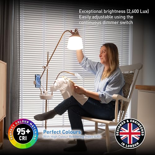 Daylight Company Anita Floor Lamp – Professional Craft & Sewing Light with 95+ CRI, 2600 Lux Dimmable LEDs, 3 Color Modes – Includes Magnifier, Phone Clamp, and Tool Tray – Matte White/Copper