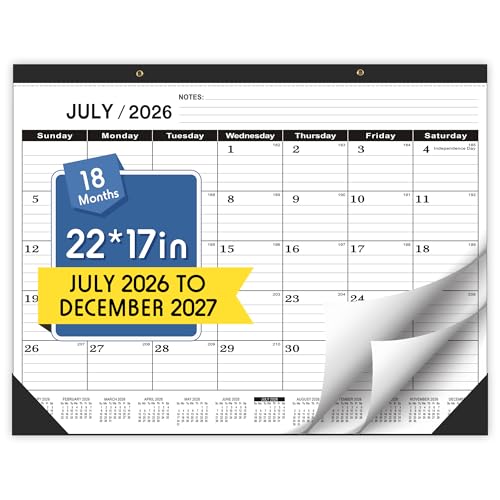 Desk Calendar 2026-2027,July 2026 to December 2027,Desk calendar 2026-2027 Large 22x17, Classroom Calendar 2027 with PVC Cover,Round Holes& NOTES List (Black),18 Months Calender 2027