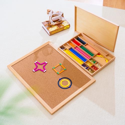 Premium Montessori Geometry Sticks Set 7lbs 23in– Wooden Construction Kit with Cork Workboard, Color-Coded Rods Metal Connectors, Hands-On 2D Shape Building Spatial Reasoning, STEM Homeschool Kids 3-6