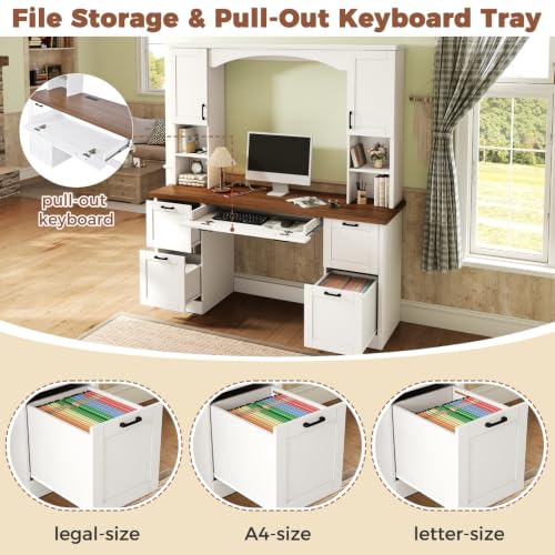 EWUZOSE Arched Computer Desk with Hutch Charging Station and File Drawer (Engineered Wood,White)