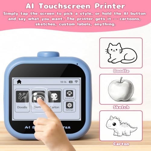 AI Touchscreen Sticker Printer Mini Inkless Thermal Printer Voice Control Instant Print WiFi Connect DIY Journal Notes for Teens Students Portable Educational Creative Christmas Birthday Gifts.