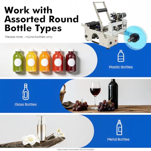 RTUSUML Semi-Automatic Round Bottle Bottle Labeling Machine with Integrated Coding, 20-40pcs/min, Stainless Steel Label Applicator for 0.59-4.72in Diameter Bottles (110V with Pressing Bar)
