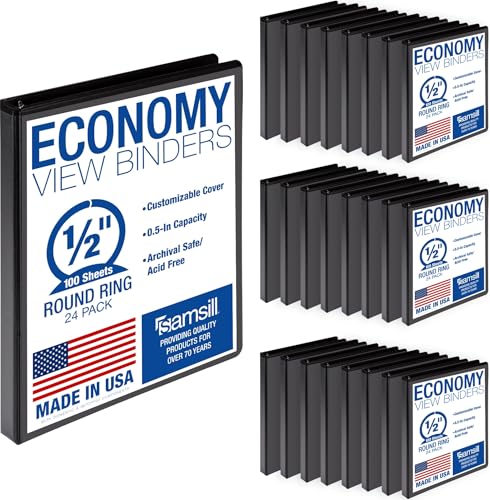 Samsill 0.5 Inch 3 Ring Binders, Economy Round Ring, Clear View Cover, 100 Sheet Capacity - for School, Home, Office - Black, 24 Pack