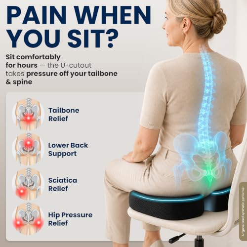 5 STARS UNITED Seat Cushion - Memory Foam Chair Pad for Tailbone Pain Relief - Ergonomic Support for Coccyx, Sciatica & Butt - Office, Desk & Gaming Chair, Car Seat, Wheelchair, Airplane, Black