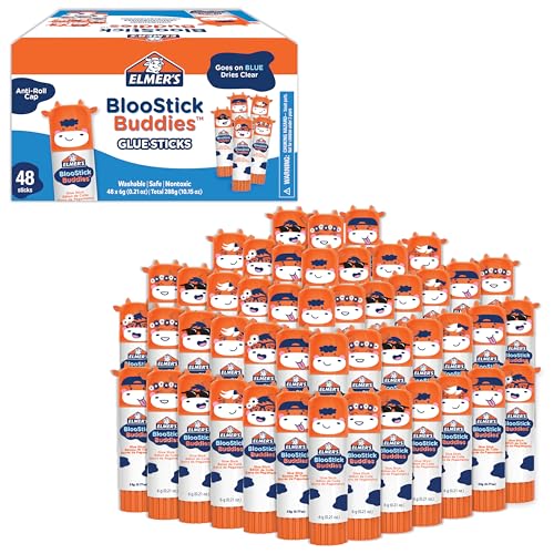 Elmer's BlooStick Buddies Glue Sticks, Disappearing Blue, Anti-Roll Cap Design, Unique Characters, 6 Grams, 48 Count - Classroom Supplies, #1 Teacher Brand