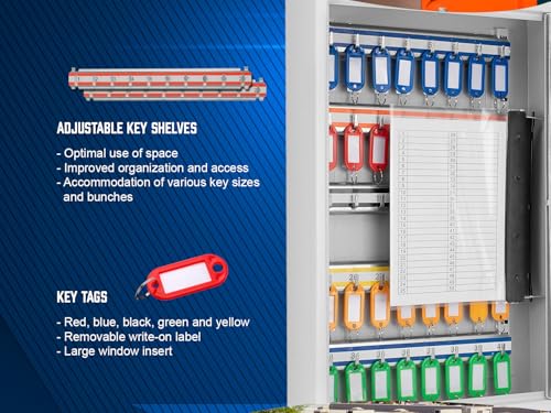 winbest 64 Position Key Lock Box – Wall Mount Steel Key Cabinet with Adjustable Numbered Hooks, Index Log, Colored Key Tags for Home or Office