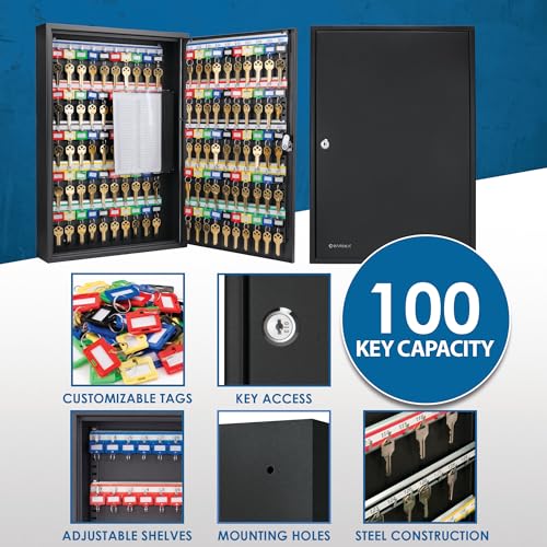 Barska 100-Position Key Lock Box – Solid Steel Key Cabinet with Adjustable Numbered Hooks, Key Log Sheet, Color Tags & Index Chart – Wall-Mount Organizer, Black Finish Key Organizer Keybox