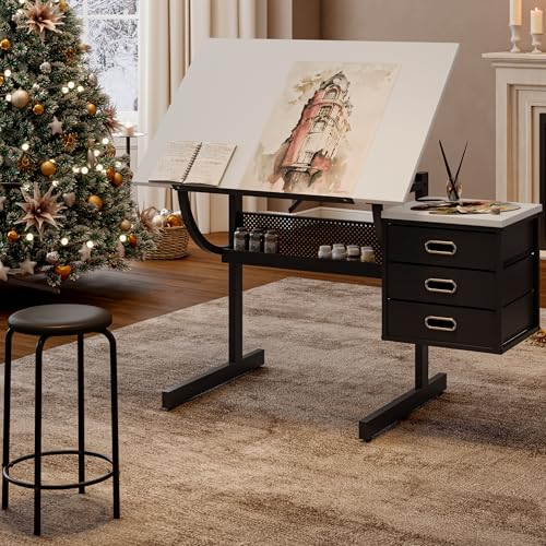 Drafting Table Drawing Desk Art&Craft Work Station with 3 Storage Drawers and Stool for Adults and Kids Teens, Tabletop Adjustable Paint Artist Tables for Art Studio Home Office School (Black White)