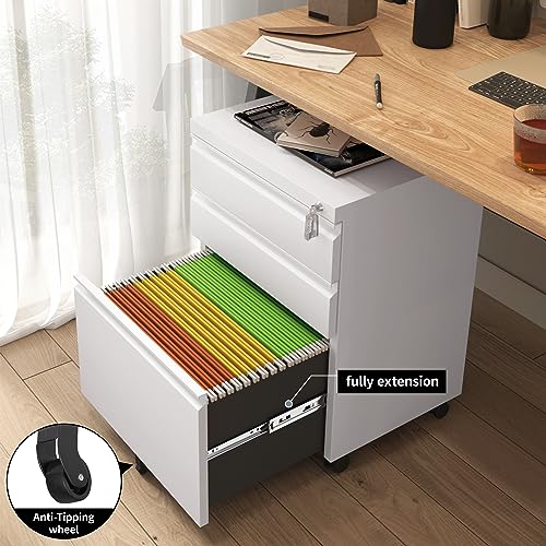Approgreent Mobile File Cabinet for Home Office, Lockable 3 Drawer Filing Cabinet with Wheels for A4-Size/Letter-Size/Legal-Size, Fully Assembled Except Casters, White