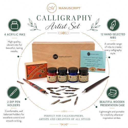 MANUSCRIPT Calligraphy Artist Set, Light Wood Case, Acrylic Inks