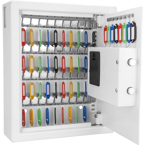 Barska 48 Position Key Cabinet with Digital Keypad Wall Mounted Security Keys Safe Key Organizer White with Adjustable Racks Key Tags