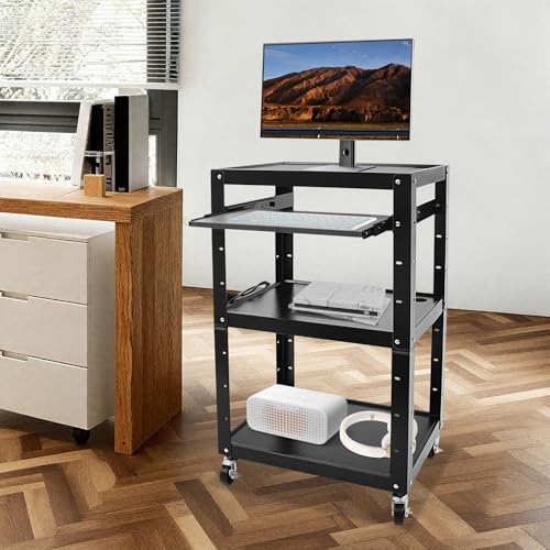 WAZYKJMDXX Space-Saving Rolling AV Cart, 4-Tier Mobile Computer Desk with 360° Locking Casters, Adjustable Shelf Height & Pullout Keyboard Drawer, Universal Media Stand for Classroom Hospital Bedroom