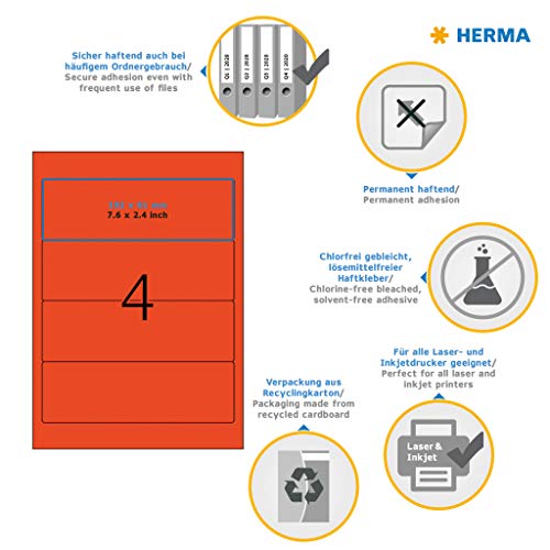 HERMA 4297 Self Adhesive Spine Labels, 4 Labels per A4 Sheet, 100 Sheets, 192 x 61 mm, 400 Labels, Blank Lever Arch File Folder Labels Stickers, Sticky Labels for Laser & Inkjet Printer, Red