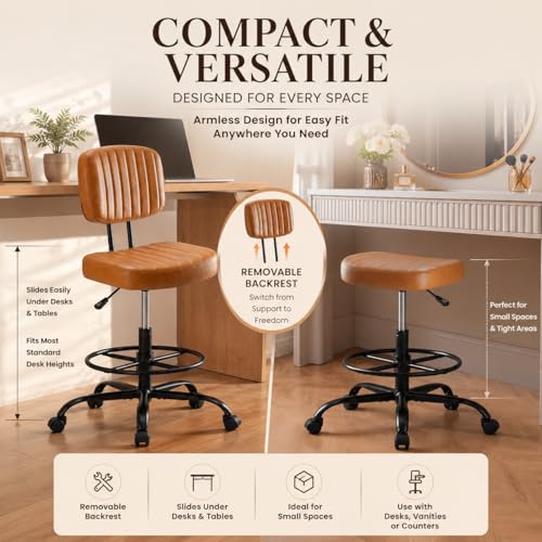 Simple Deluxe Armless Drafting Chair, Low Back PU Leather Office Seat with Footrest Ring, Swivel Rolling Stool for Standing Desk, Studio, Lab, Counter and Small Spaces, Brown