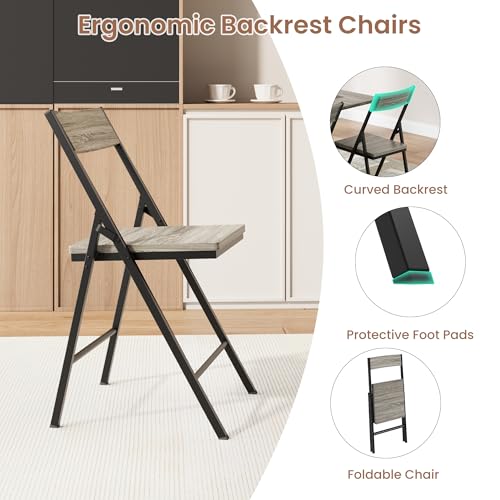 GarveeHome Folding Dining Table and Chairs Set, Drop Leaf Foldable Kitchen Table with 4 Chairs, Folding Dinner Table Set with Storage & Lockable Wheels, Space Saving, for Kitchen or Dining Room, Gray