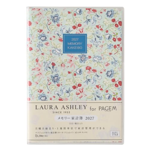 Noritsu Pagem Household Account Book, 2027, A5, Weekly Memory Household Account Book, Laura Ashley, Rossa, Sankta 7713 (Starts from December 2026)