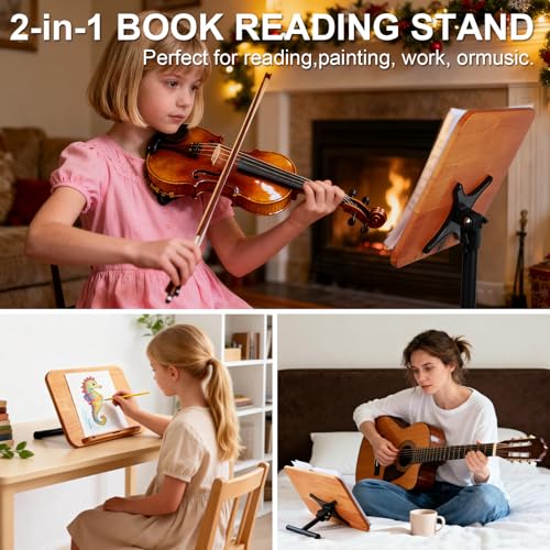 2 in 1 Dual-use Music Stand & Desktop Book Stand, Adjustable Height 16.5"-51", 100% Solid Wood Laptop Floor Stand Book Holder with Elastic Page Clips for Cookbooks (Brown with Tray)