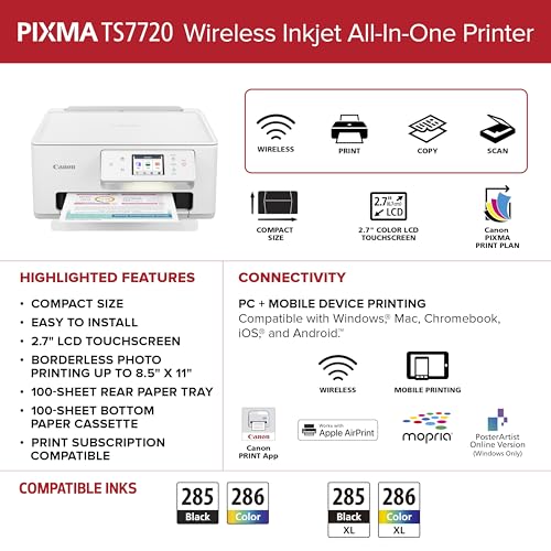 Canon PIXMA TS7720 Wireless All-in-One Color Inkjet Printer – Print, Copy, Scan – Auto Duplex, 15/10 PPM, 2.7” Touchscreen, Compact Home Photo Printer with Easy Setup