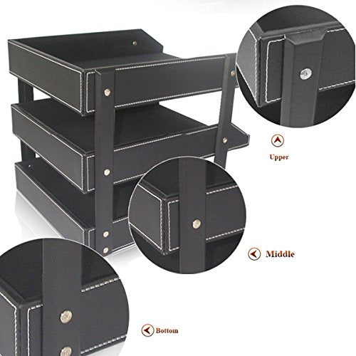 KINGFOM Letter Tray, Leather Paper Organizer Tray, Wooden Desk File Holder, Desktop File, Stackable Magazine Holder, Mail Sorter, Great for Home or Office - 3 Level Brown
