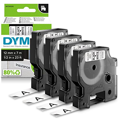 DYMO D1 Labels for LabelManager Label Makers, Black Print on White, 1/2-Inch x 23-Foot Rolls, Self-Adhesive, 4 Count