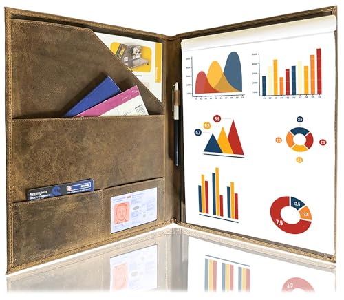 Leather Business Portfolio by Rustic Town | A4 Conference Folder Gift for Men & Women | Handmade Durable Leather Padfolio 3 + 1 Sleeves for Documents and Notepad