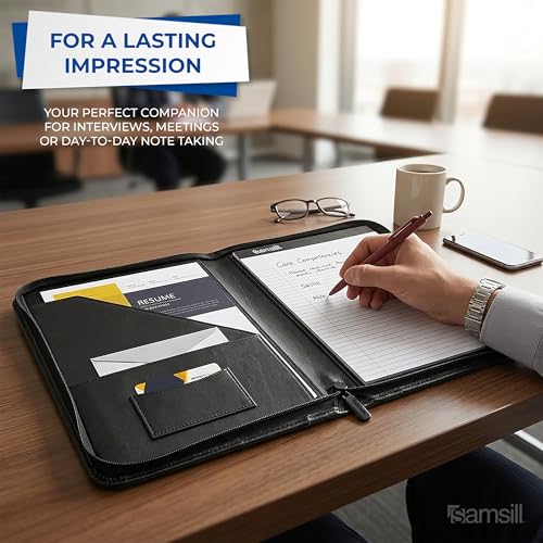 Samsill Contrast Stitch Leather Zippered Portfolio Folder/Business Portfolio for Men and Women, Resume/Document Organizer with Writing Pad, Black (71720)
