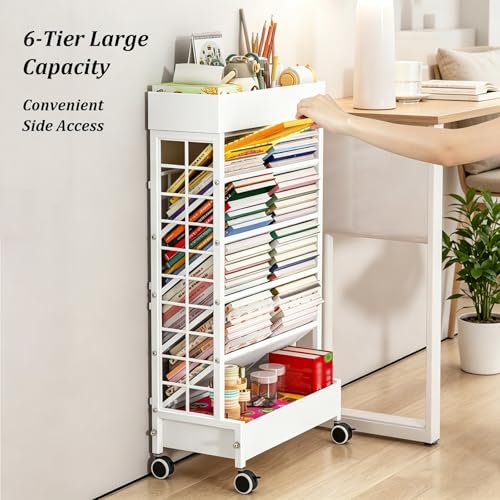Rolling Library Book Cart, Movable 6-Layer Storage Rack with Wheels, Carbon Steel Shelf, Space Saving Narrow File Folder Organizer Cart for Study Office Classroom(Black)