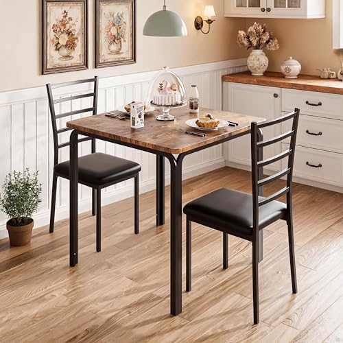 GOCAPTAIN Space-Saving Dining Table Set for 2, Small Dining Table with 2 Chairs, 29.1" Square Kitchen Table Set, MDF Tabletop with Metal Frame, Upholstered High-Back Chairs, Compact Dining Furniture