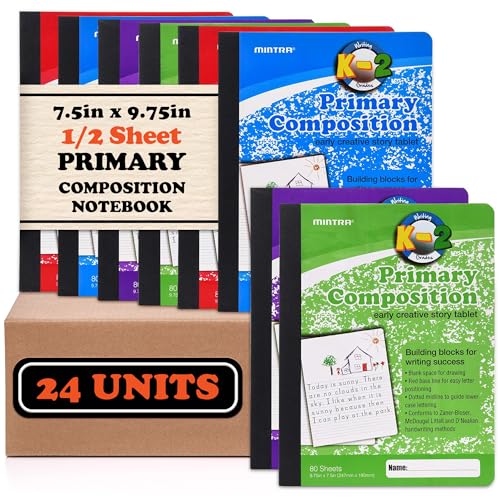 Mintra Primary Composition Notebook, 24 units 6-4 Pack, Assorted Colors, 80 Sheets, 7.5in x 9.75in, 1/2 Sheet, Ruled with Drawing Area, Flexible Hardcover Journal, Grades K-2, School & Home Use