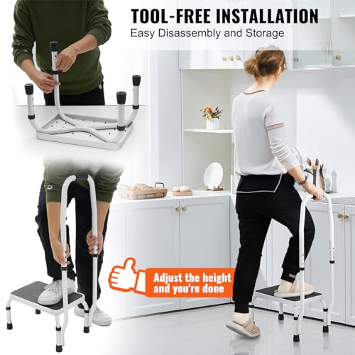VEVOR Step Stool 1-Step 330lbs Capacity, 3 Adjustable Height with Handle Steel Step Ladder, Portable Toddler Step Stools for Adults, Non-Slip Sturdy Step Ladders for Office, RVs, Pets