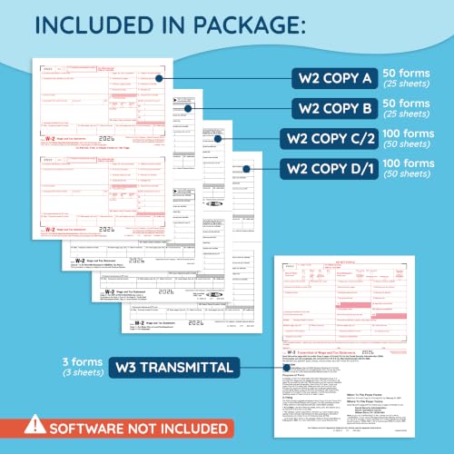 Blue Summit Supplies W2 2026 Tax Forms Kit, 50 Pk, 6 Part, W3 Included