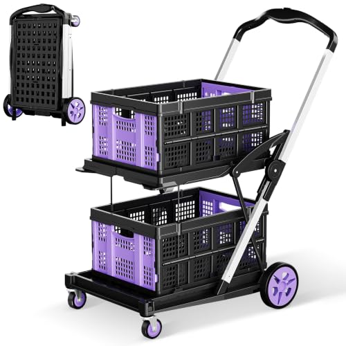 DKENICOR 8-in-1 200LBS Collapsible Shopping Cart, Multi Functional Utility Cart with 2 Storage Baskets,Adjustable Handle Grocery Cart on Wheels for Shopping, Warehouse, Home, Supermarket - Purple