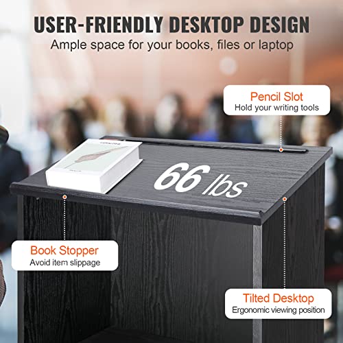 VEVOR Podium Stand, 47-inch Mobile Lectern with 4 Casters, Wooden Presentation Stand with Shelves, Angled Top, for Church, Office, School, Home Use, Black
