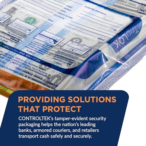 ControlTek TripLOK Tamper-Evident Deposit Bags for Cash Handling & Valuables, Moisture, Heat and Cold Sensitive Ink , Tear-off receipt + Large Barcodes, 19" x 24", Clear, 50 Bags 585056