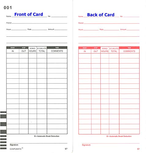 E7 Time Cards for Lathem 7000E and 7500E Calculating Time Clocks, Qty 500