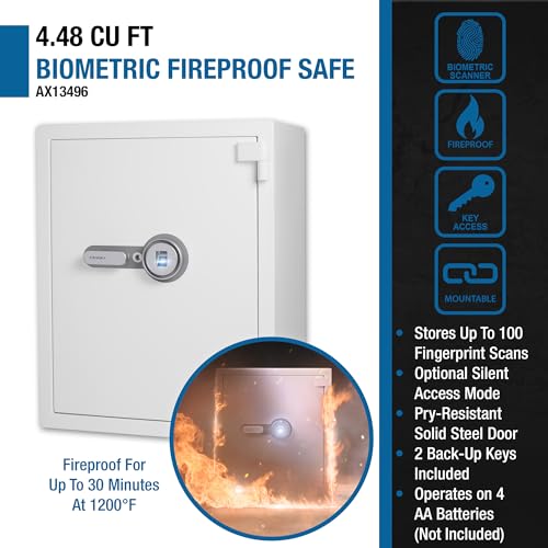 Barska 4.48 Cu. Ft. Biometric Fireproof Safe – White Fingerprint Security Safe 100-User Memory, Fire Rating 30 Min @ 1200°F, Steel Locking Bolts, Key Hooks & Carpeted Interior Fire Safe Jewelry