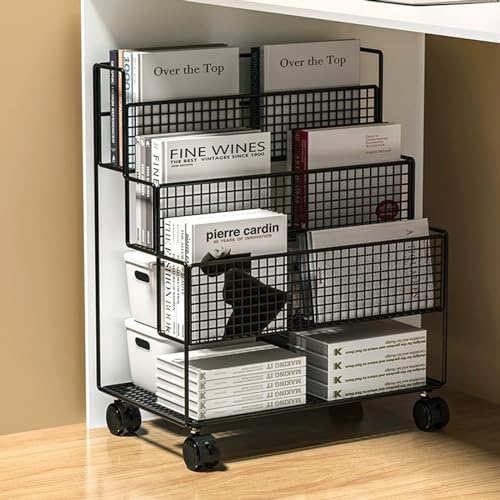 Book cartRolling File cart with Shelves 4-Tier Mobile Bookshelf Metal File Storage Utility Storage cart for Office, Home, School,Black