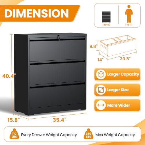 3 Drawer Lateral File Cabinet with Lock, Metal File Cabinets for Home Office, Office Furniture for Organization Hanging Legal/Letter/A4, Metal Filing Cabinet Storage Cabinet, Require Assembly, Black