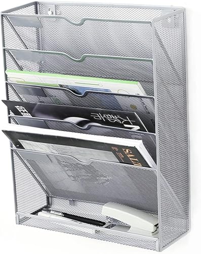 DOIBG 5 Tier Vertical Wall File Organizer Metal Mesh Wall Mount Hanging File Holder with Hanging Hole Paper Document Magazine Rack for Office Home School, Silver