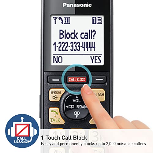 Panasonic Cordless Phone with Advanced Call Block, One-Ring Scam Alert, and 2-Way Recording, Cordless Phone with Answering Machine, 4 Handsets - KX-TGF944B (Black)
