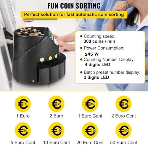 Hiedmeil Automatic UK/EUR Coin Counter & Sorter, UK/EUR Coin Counter, Professional Coin Counter, Money Counting Machine for Continuous Coin Counting EUR Coin (GBP Coin)