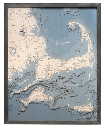 WOODCHART Cape Cod Massachusetts UV Nautical Grey Frame, Large, 24.5" x 31"